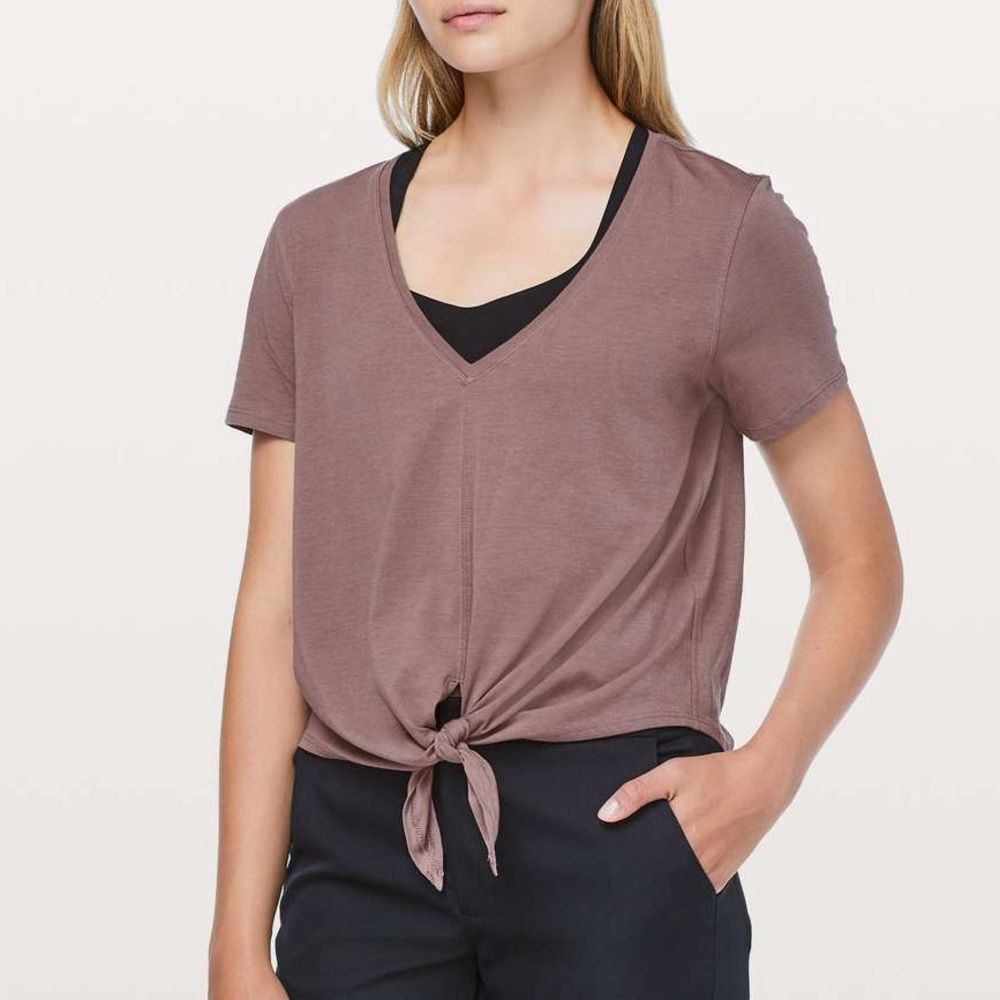 Lululemon Knot Gonna Fly Tee Antique Bark 4 Tie Front V-Neck Cotton Top T-Shirt